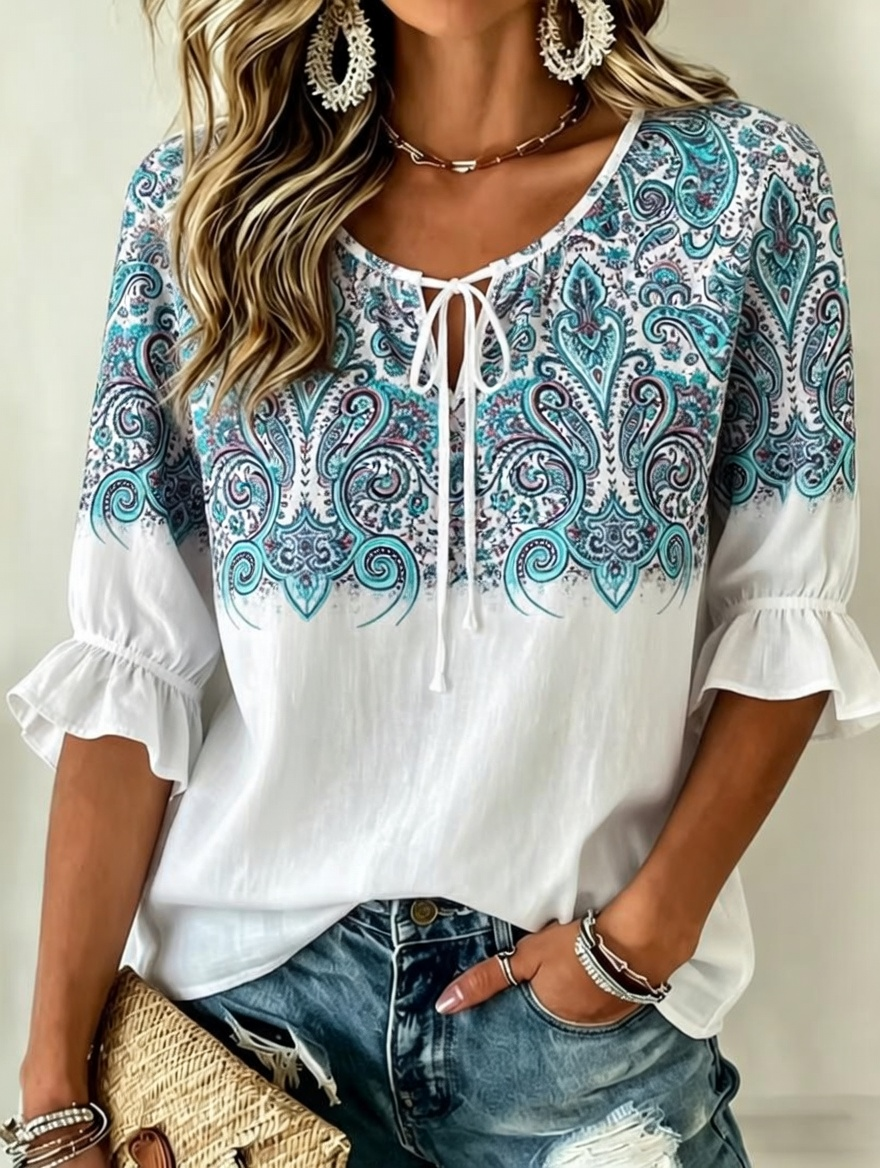 Camisa casual vintage de mujer con estampado de flores y patchwork