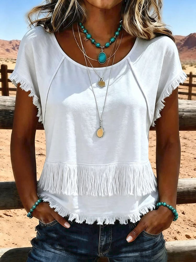 Camisa informal de mujer con borlas y diseño patchwork vintage