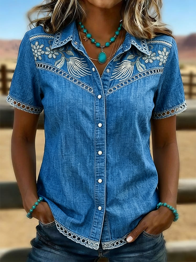 Camisa informal para mujer con estampado de arte floral vintage, paneles calados y patchwork