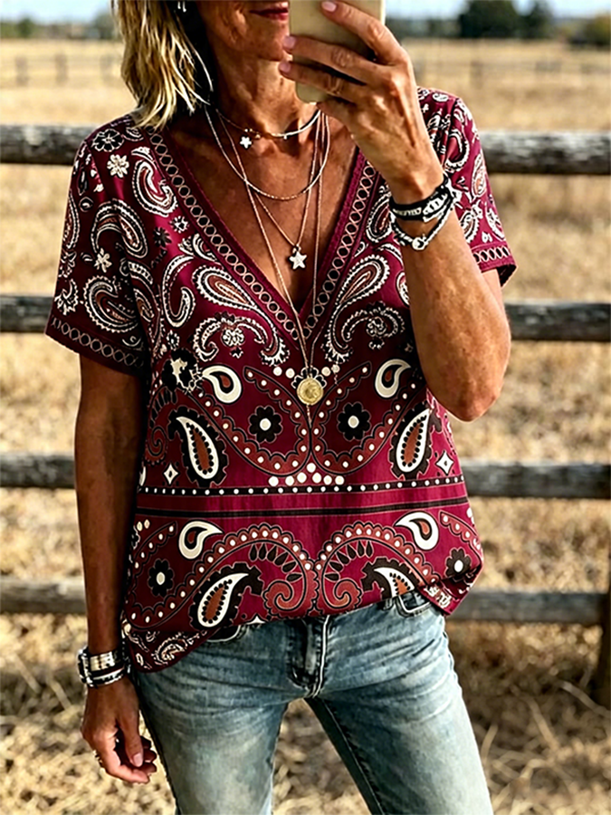 Women's Paisley Print V Neck Trim Short Sleeve Boho Western Shirt
