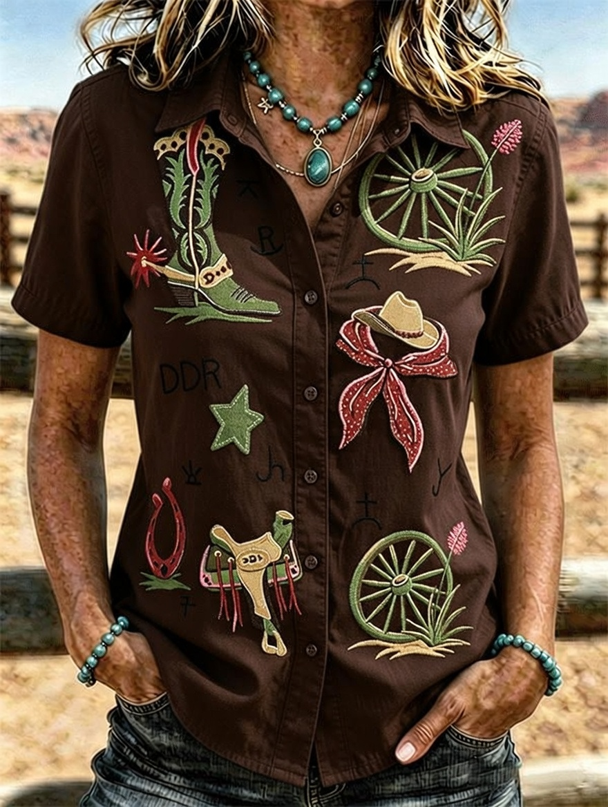 Camisa western de manga corta con bordado de bota vaquera y herradura