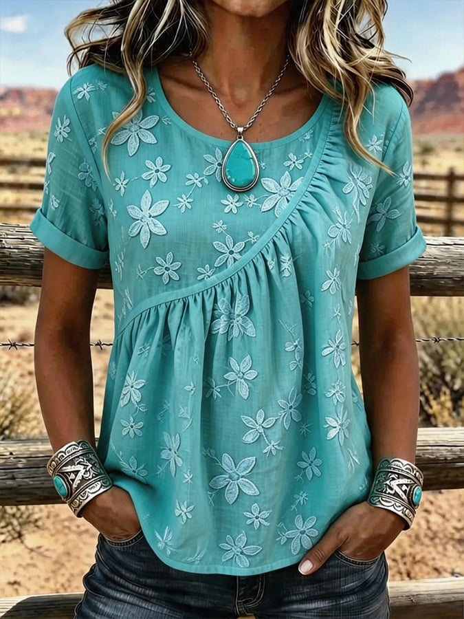Women'S Casual Solid Embroidered Top