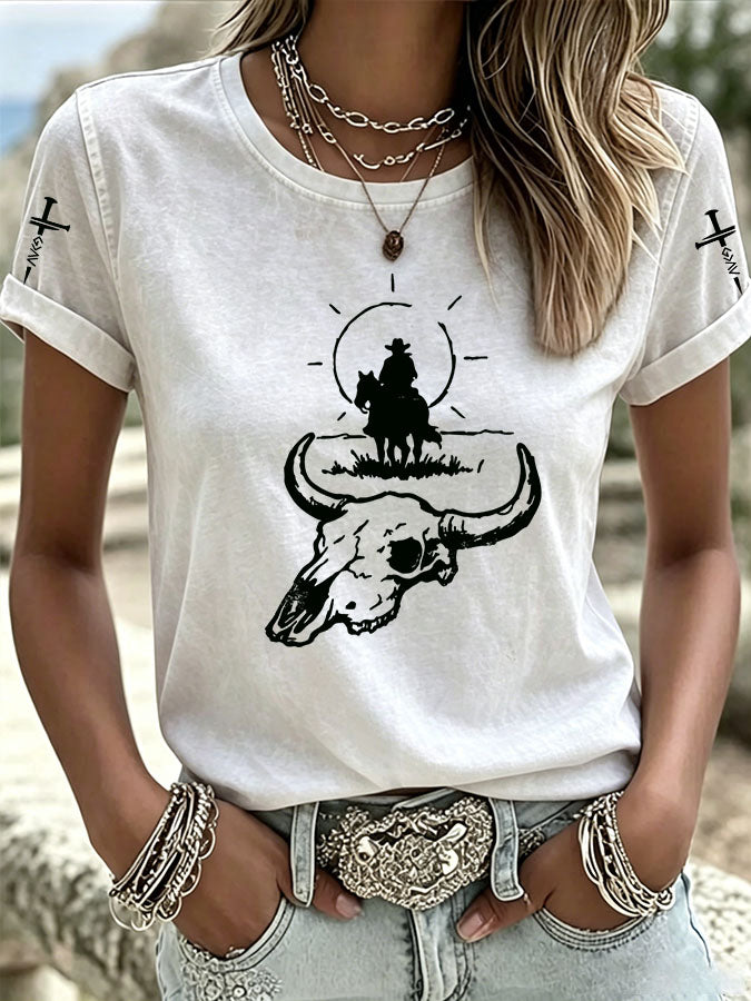 Camiseta casual de mujer de estilo vaquero con «American Love Jesus» y cuello redondo