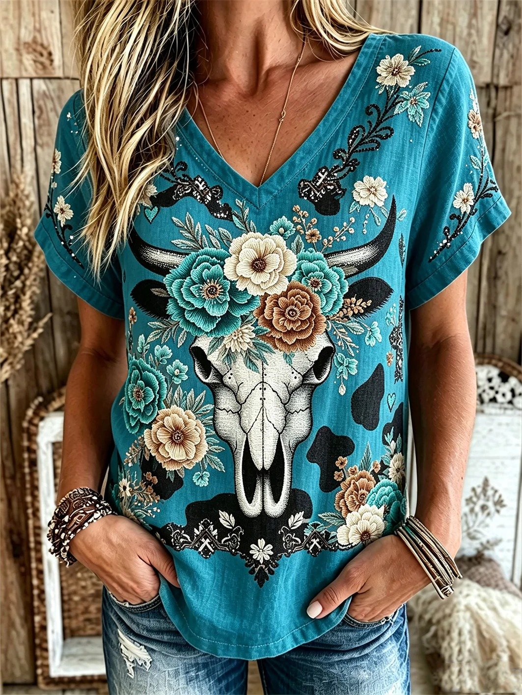 Top de manga corta con estampado western floral y de calavera de vaca para mujer