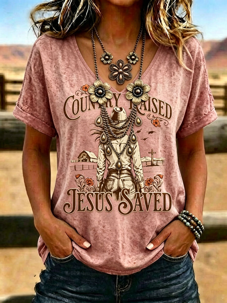 Camiseta retro de cuello en V con estampado de fe de estilo western para mujer