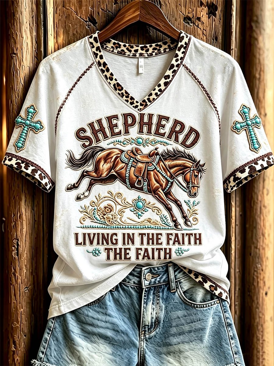 Camiseta de manga corta con cuello en V, estampado de caballo western, turquesa y leopardo para mujer