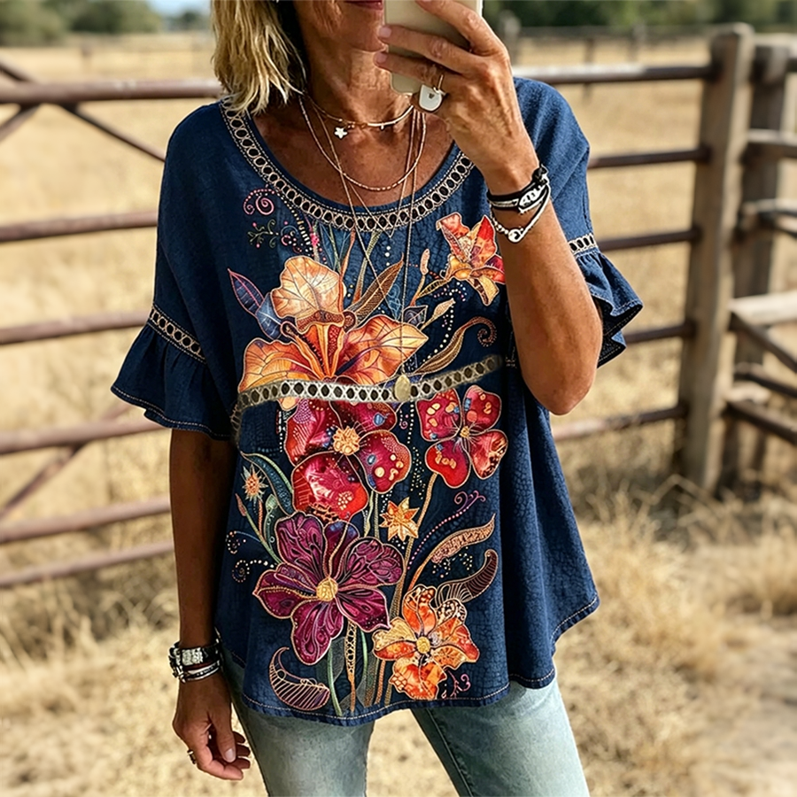 Women's  Large Floral Print Trim Ruffle Sleeve Casual Western Top