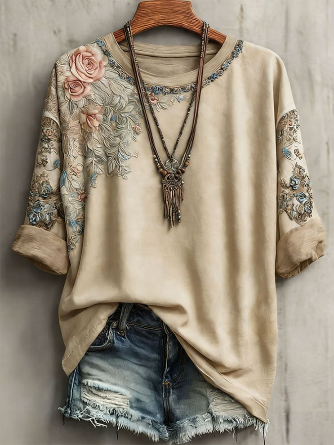 Camiseta informal vintage estampada de manga corta para mujer