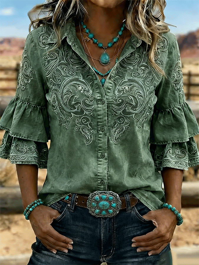 Camisa casual vintage de mujer con estampado floral, volantes y solapa