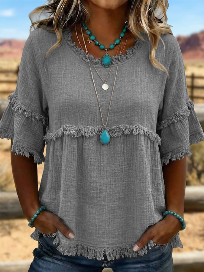 Camisa casual de algodón y lino con flecos y diseño artístico retro de estilo western para mujer