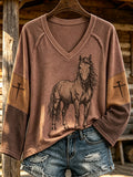Women's Retro Western Desert Print V-Neck Top