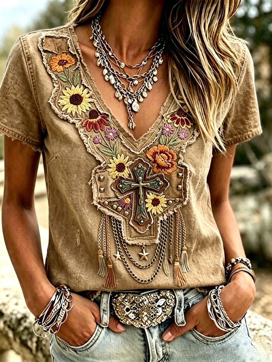 Camiseta informal de estilo western retro y de fe para mujer