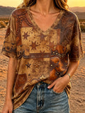 Women's Retro Western Print V-Neck Top