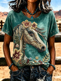 Women'S Western Style Animal Cross Round Neck T-Shirt