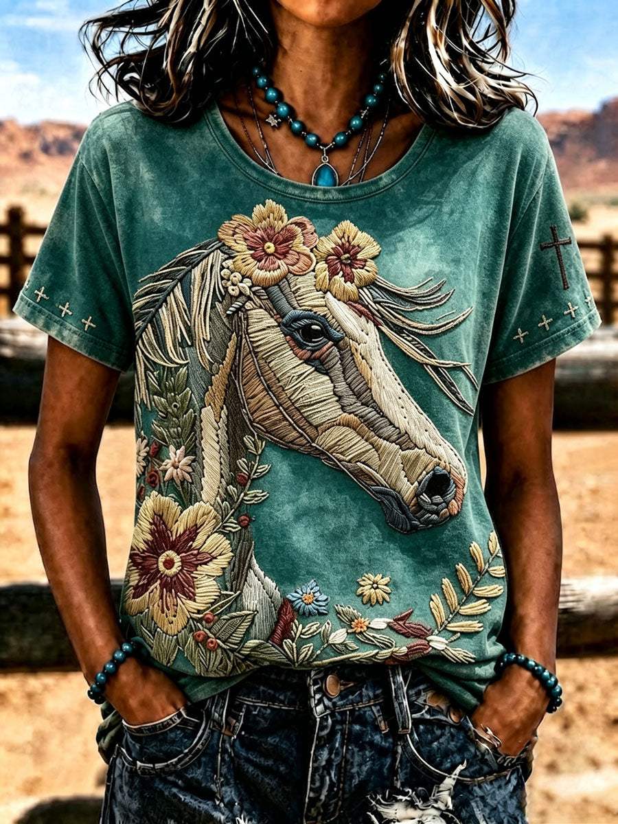Women'S Western Style Animal Cross Round Neck T-Shirt