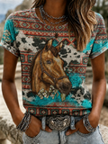 Women'S Retro Western Style Horse Print Casual T-Shirt
