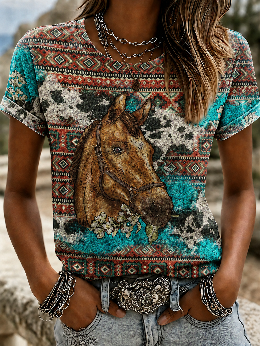 Women'S Retro Western Style Horse Print Casual T-Shirt