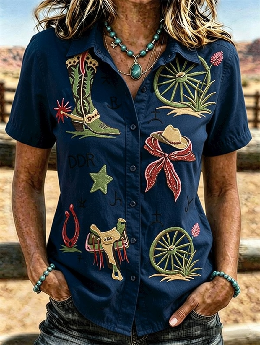 Camisa western de manga corta con bordado de bota vaquera y herradura