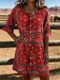 Vintage Floral Print Casual Hollow-Out Denim Dress