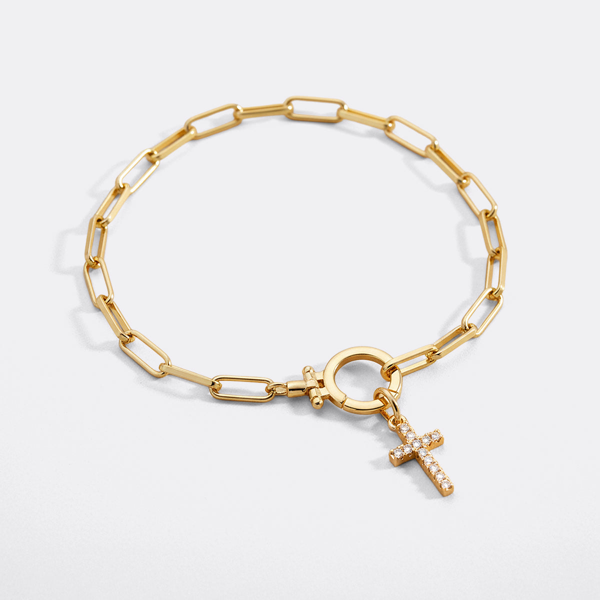 Mint Paperclip Bracelet with Pave Cross Charm
