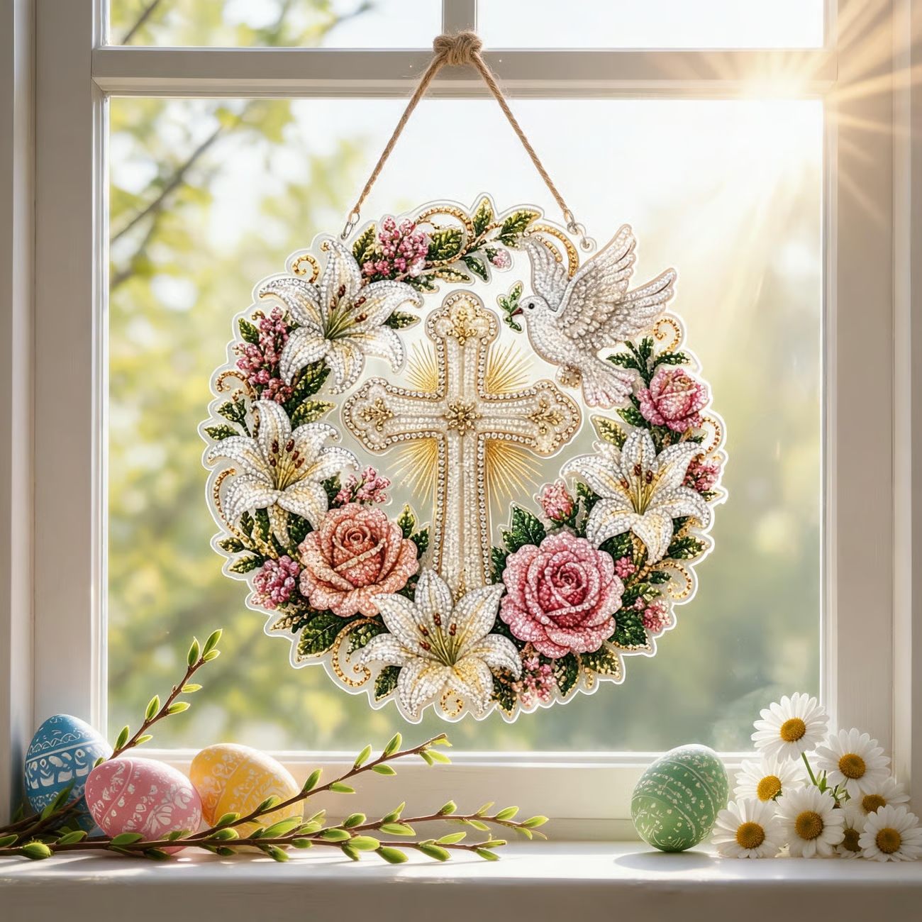 ✝️💐Kit de Décoration à Suspendre en Diamant - Croix, Fleurs et Colombe de la Paix