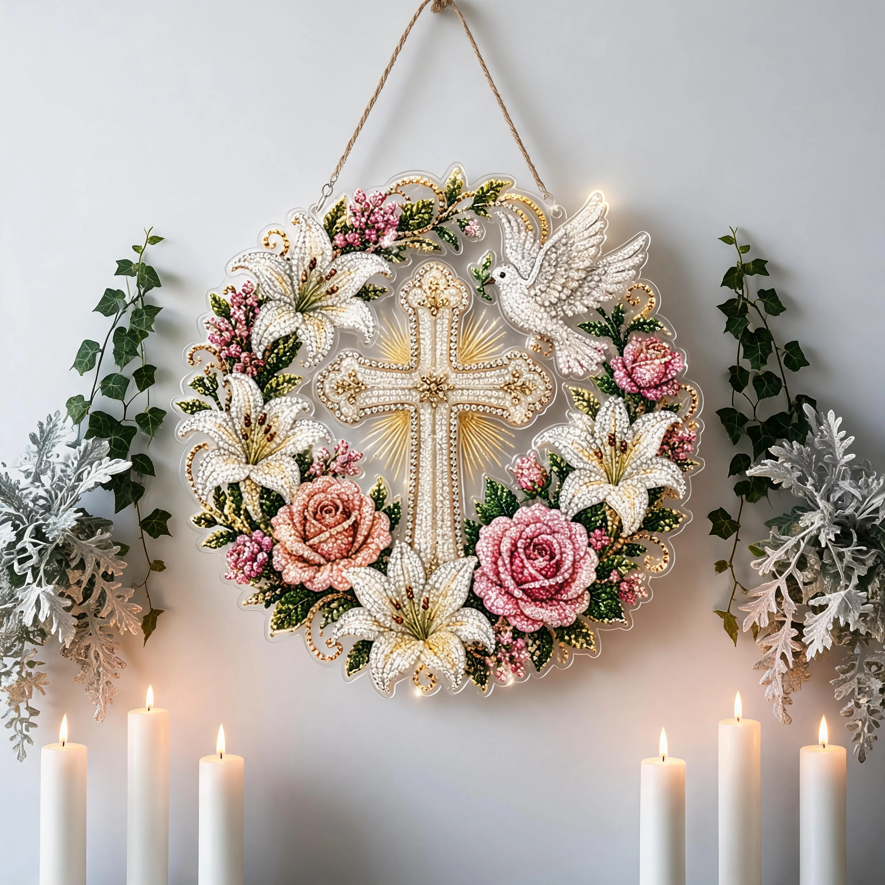✝️💐Kit de Décoration à Suspendre en Diamant - Croix, Fleurs et Colombe de la Paix