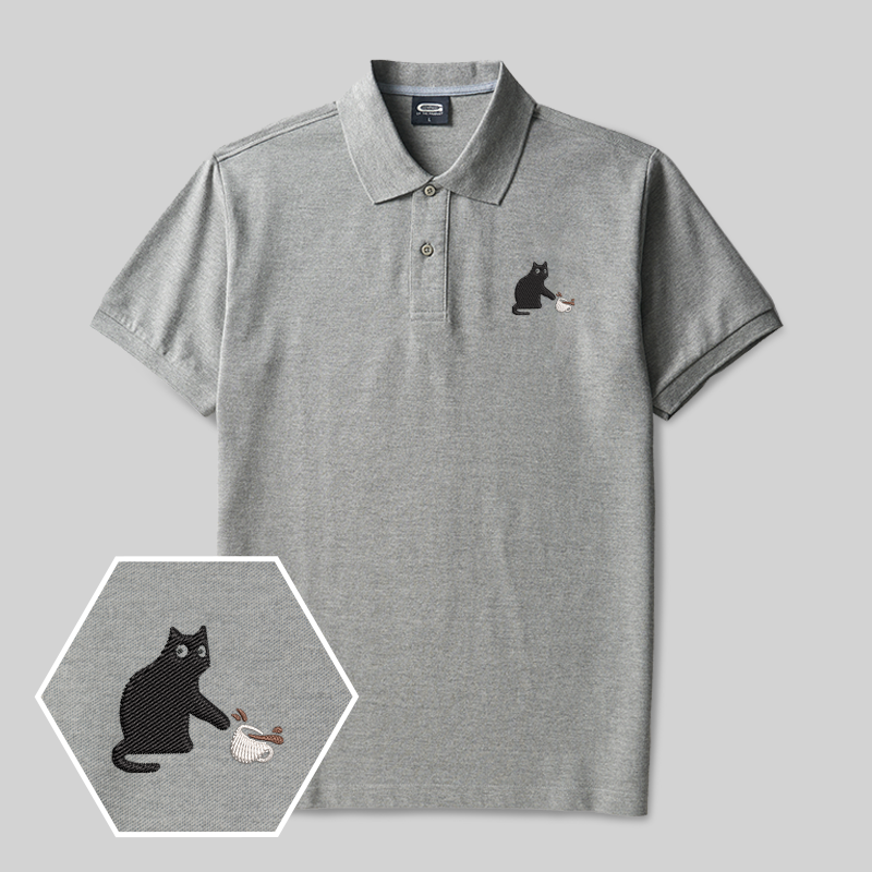 Playful Cat Geek Embroidered Polo Shirt