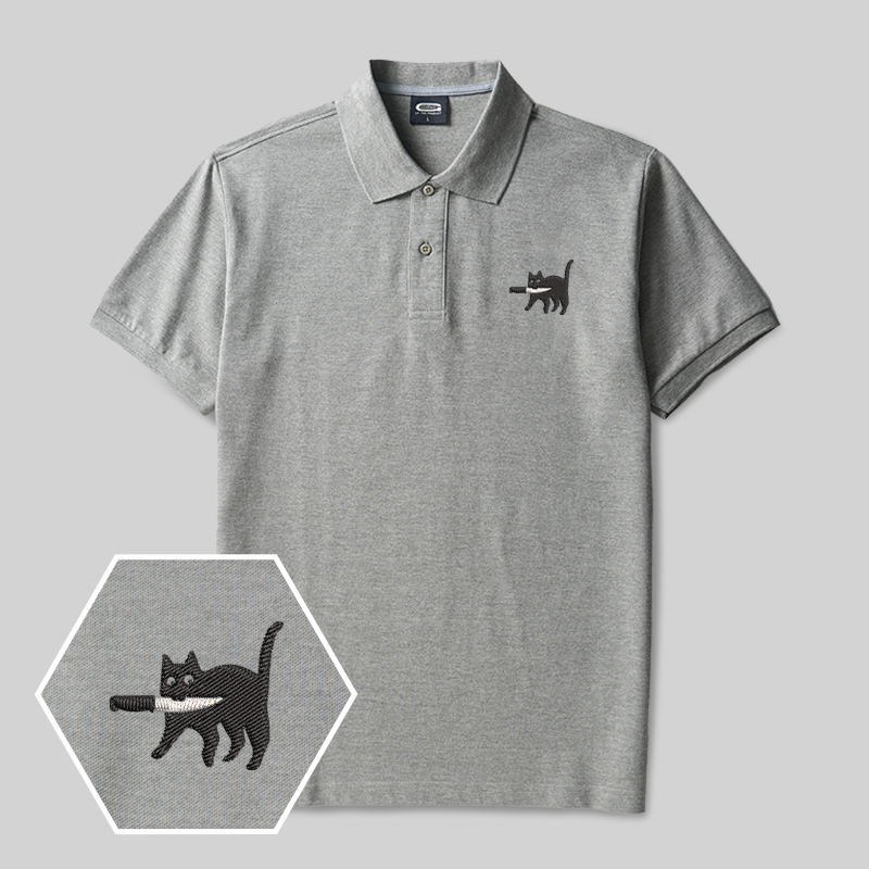 Samurai Cat Geek Embroidered Polo Shirt