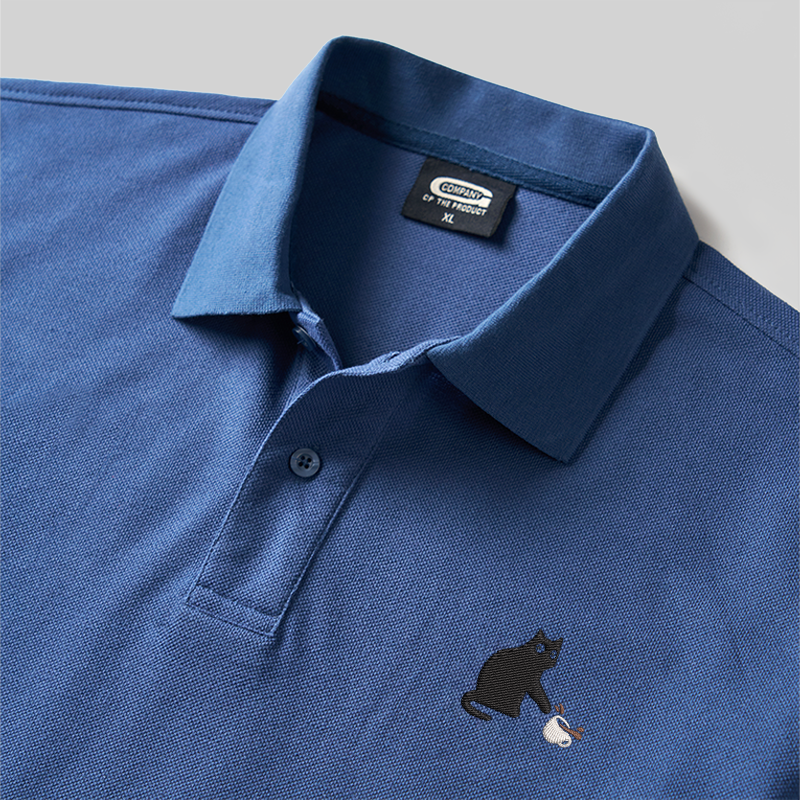 Playful Cat Geek Embroidered Polo Shirt