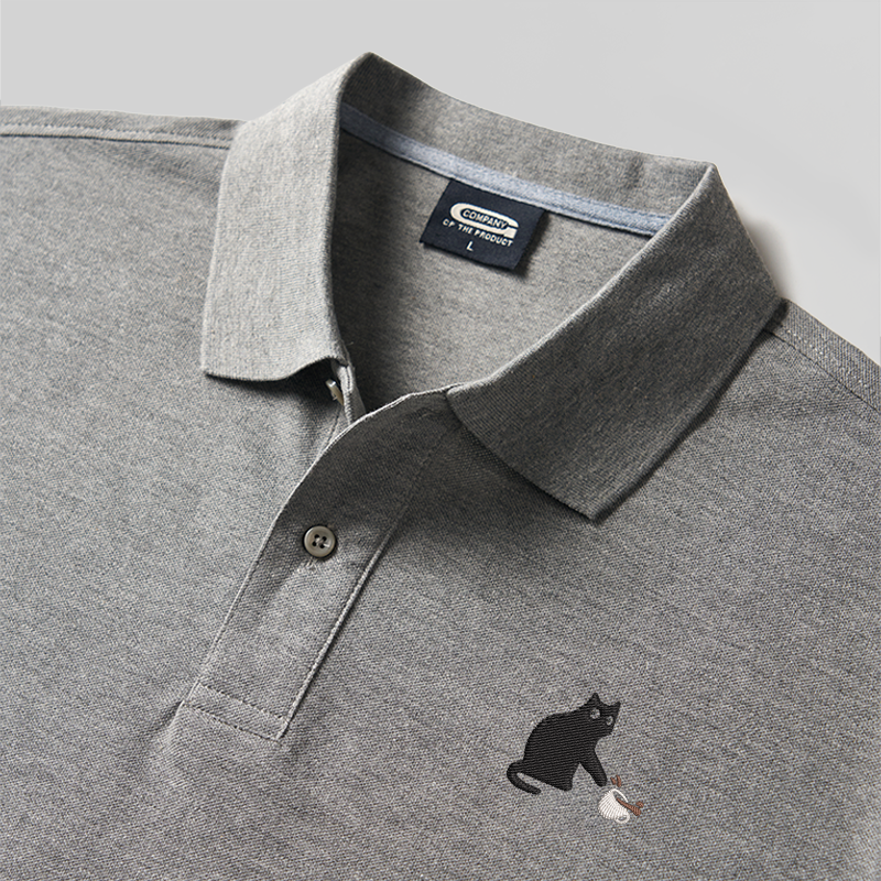 Playful Cat Geek Embroidered Polo Shirt