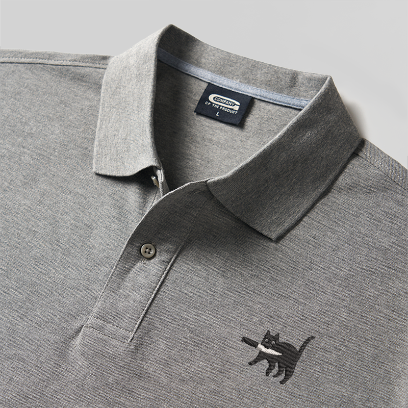 Samurai Cat Geek Embroidered Polo Shirt