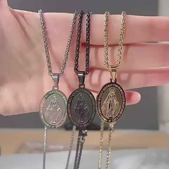Unisex Stainless Steel Double-Sided Religious Saint Medal Pendant Necklace |   Vintage Virgin Mary & Saint Benedict Protection Amulet Jewelry