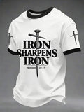 Men's Iron Sharpens Iron Proverbs 27:17 Christian Cross Print Casual Tee