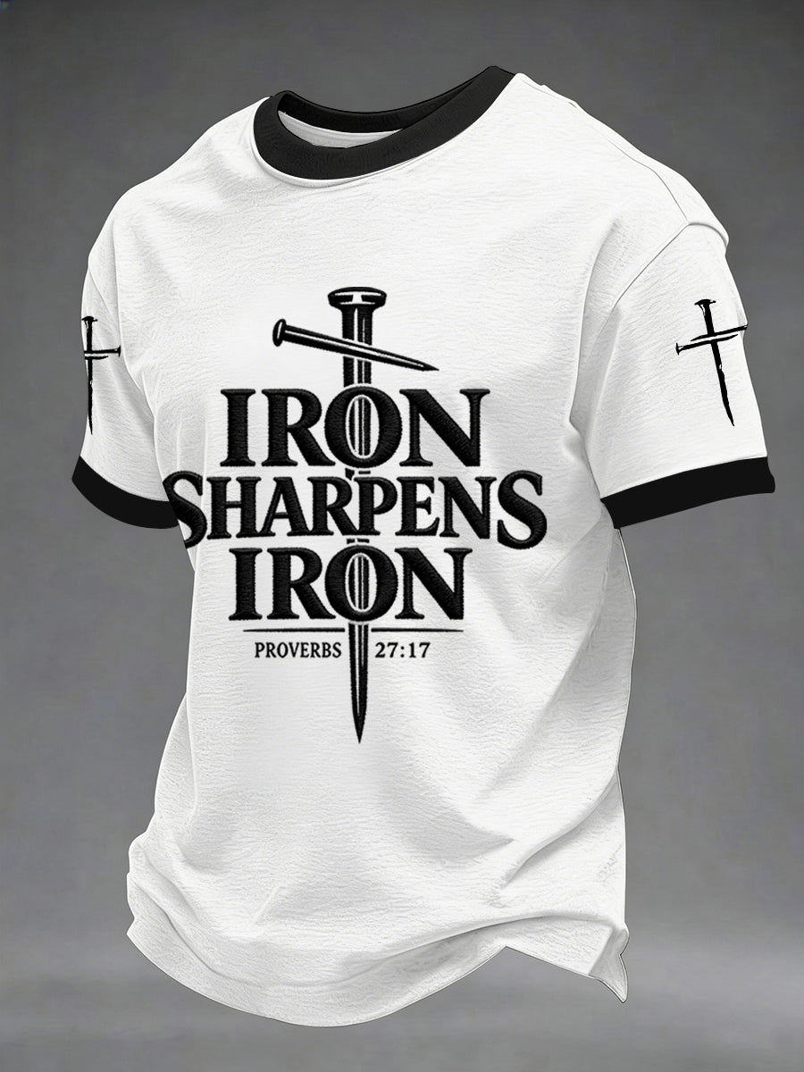 Men's Iron Sharpens Iron Proverbs 27:17 Christian Cross Print Casual Tee