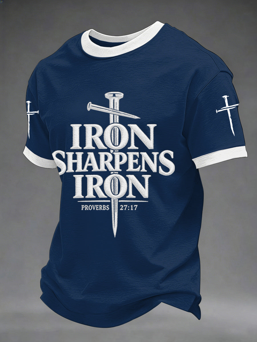 T-shirt décontracté imprimé croix chrétienne pour homme "Le fer aiguise le fer" (Proverbes 27:17)