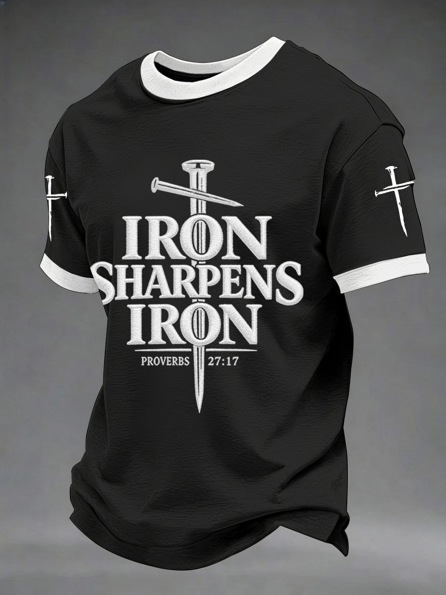 T-shirt décontracté imprimé croix chrétienne pour homme "Le fer aiguise le fer" (Proverbes 27:17)