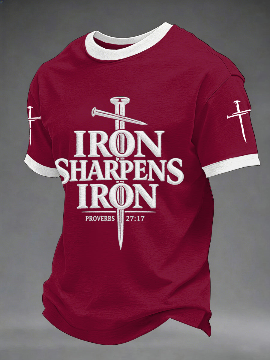 T-shirt décontracté imprimé croix chrétienne pour homme "Le fer aiguise le fer" (Proverbes 27:17)