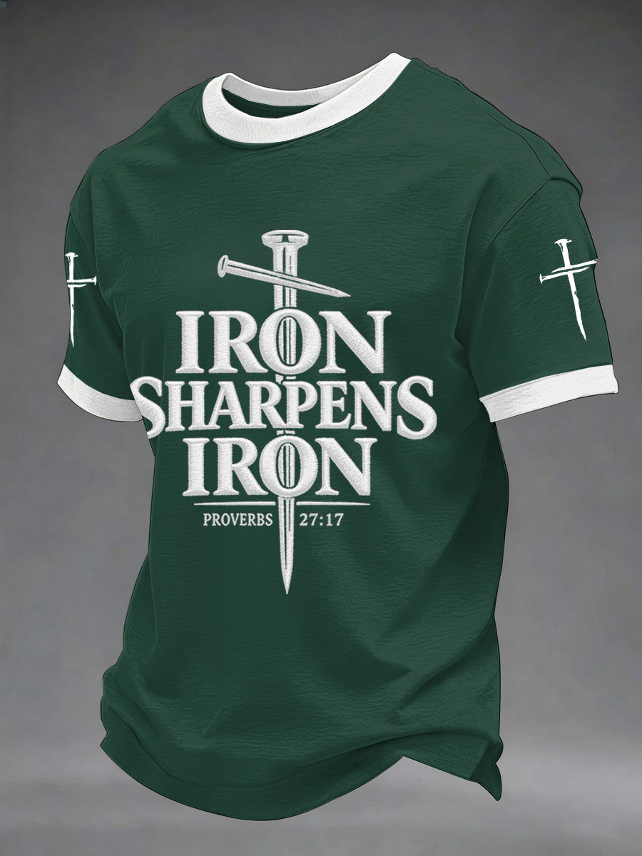 T-shirt décontracté imprimé croix chrétienne pour homme "Le fer aiguise le fer" (Proverbes 27:17)