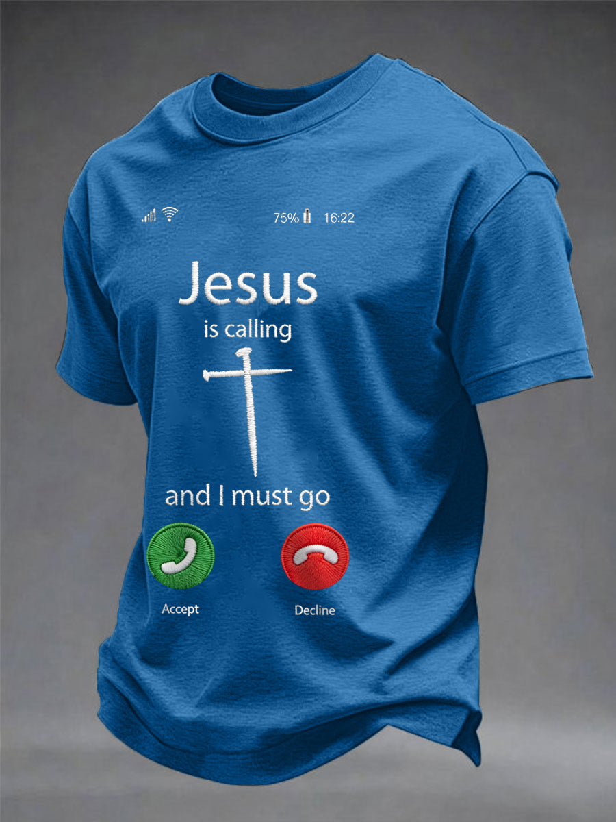 T-shirt décontracté imprimé drôle chrétien pour hommes "Jésus m'appelle et je dois y aller"