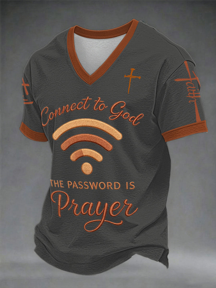T-shirt décontracté à col en V pour hommes avec imprimé "Connectez-vous à Dieu, le mot de passe est la prière"