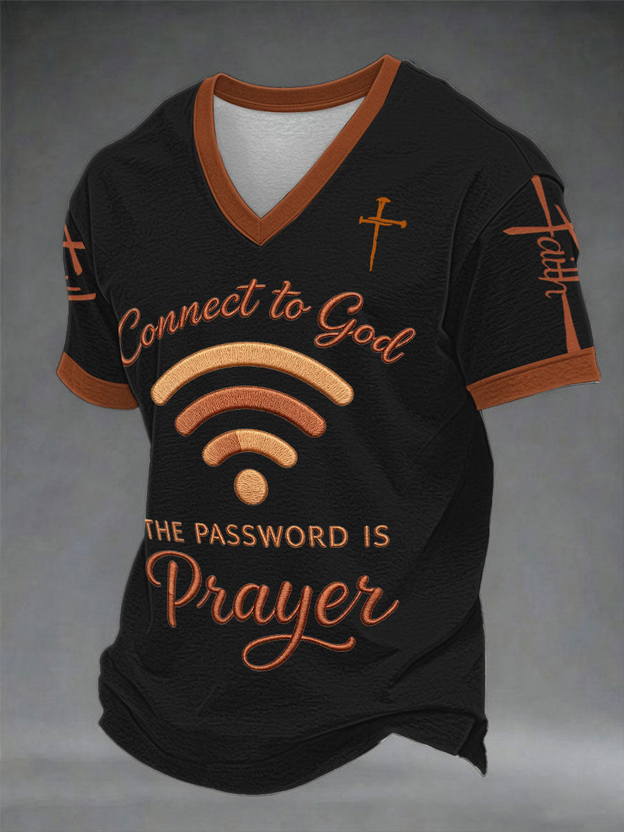 T-shirt décontracté à col en V pour hommes avec imprimé "Connectez-vous à Dieu, le mot de passe est la prière"