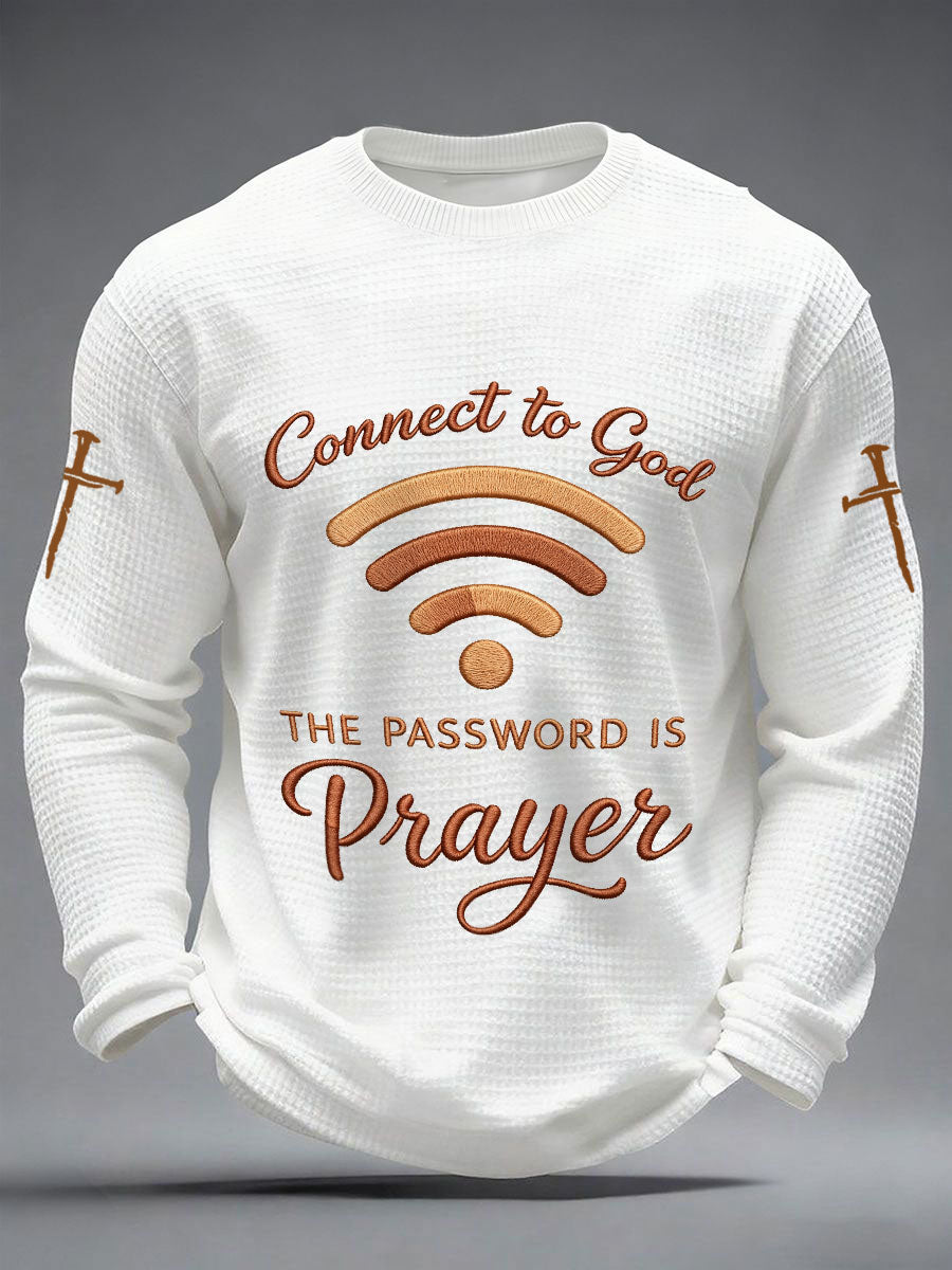 Men's "Connect To God,The Password IS Prayer" Print Casual Waffle Long Sleeve T-Shirt