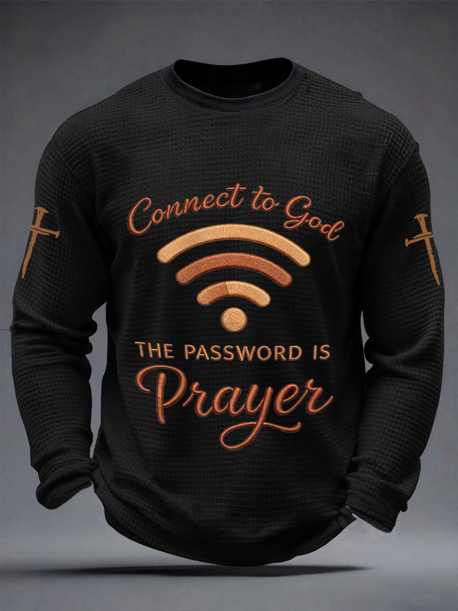T-shirt gaufré décontracté à manches longues pour hommes avec imprimé "Connectez-vous à Dieu, le mot de passe est la prière"