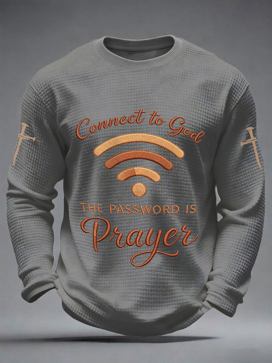 T-shirt gaufré décontracté à manches longues pour hommes avec imprimé "Connectez-vous à Dieu, le mot de passe est la prière"