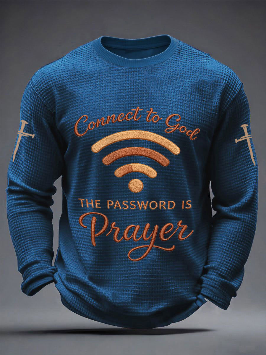 T-shirt gaufré décontracté à manches longues pour hommes avec imprimé "Connectez-vous à Dieu, le mot de passe est la prière"