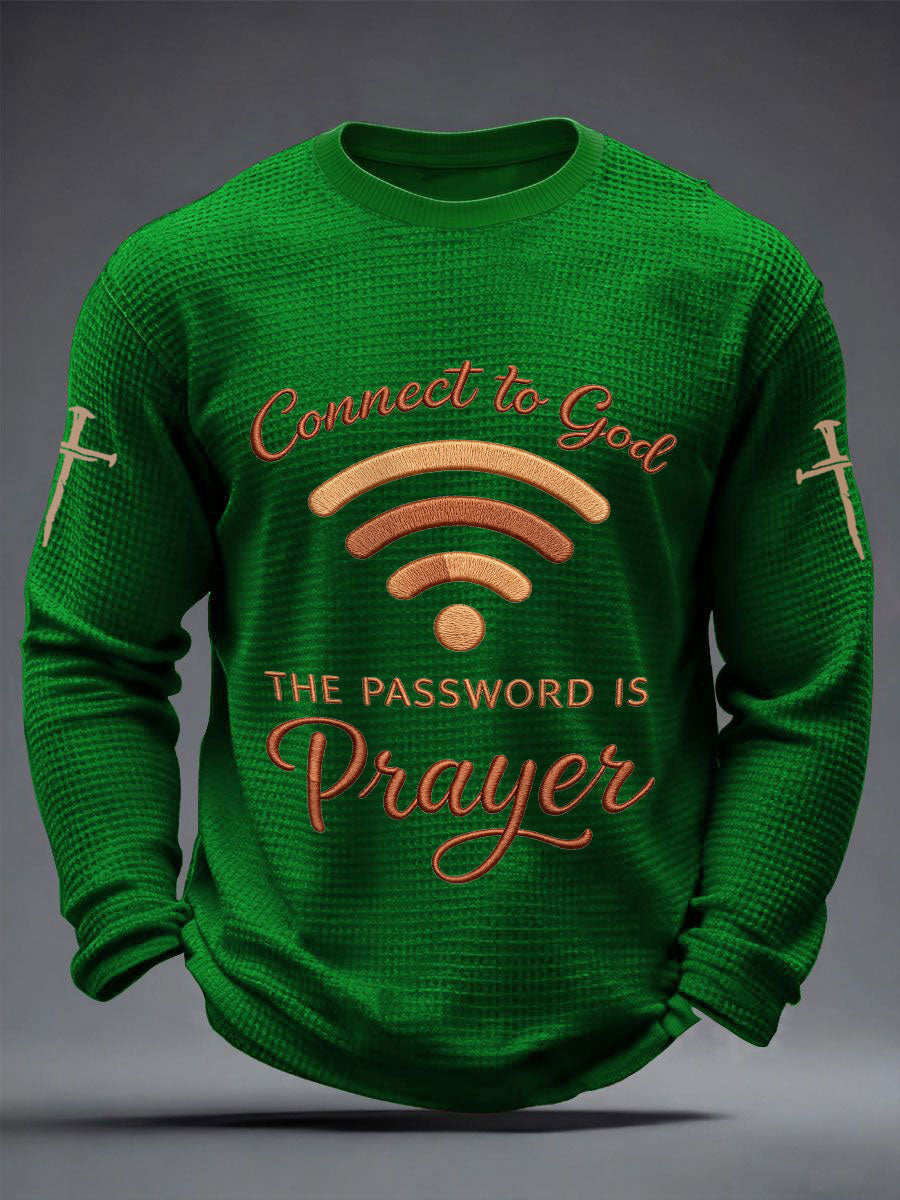 T-shirt gaufré décontracté à manches longues pour hommes avec imprimé "Connectez-vous à Dieu, le mot de passe est la prière"