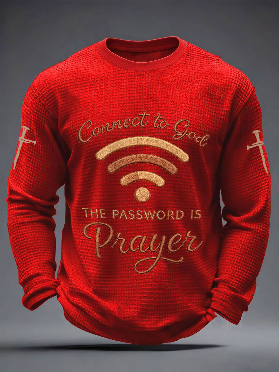 T-shirt gaufré décontracté à manches longues pour hommes avec imprimé "Connectez-vous à Dieu, le mot de passe est la prière"