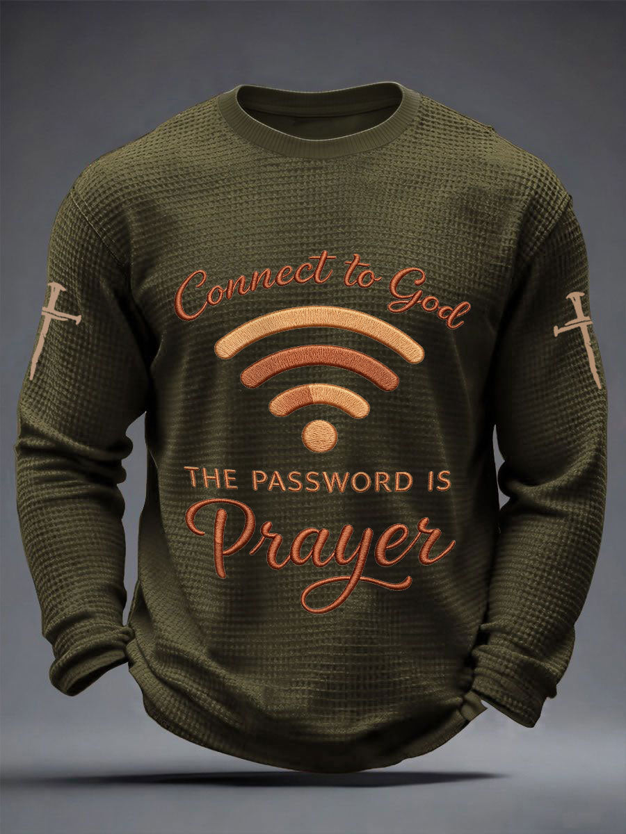 T-shirt gaufré décontracté à manches longues pour hommes avec imprimé "Connectez-vous à Dieu, le mot de passe est la prière"