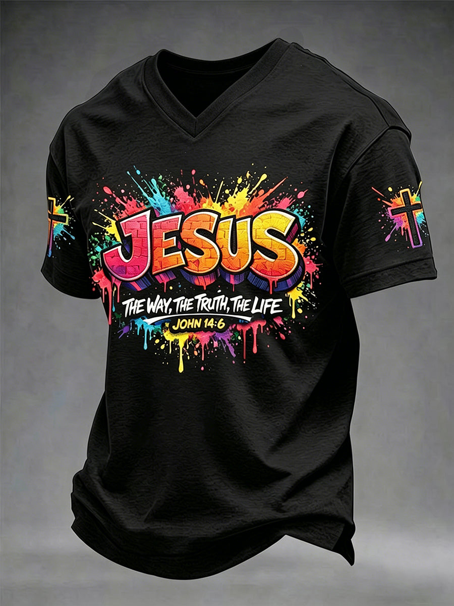 Men's Christian Jesus Cross Short Sleeve V-neck T-shirt