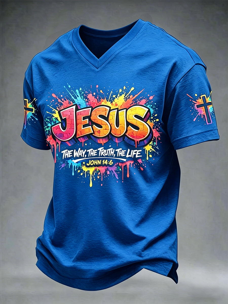 T-shirt à col en V et manches courtes, motif croix chrétienne de Jésus pour homme